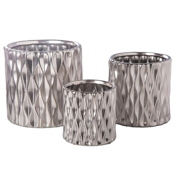 Urban Trends Collection Ceramic Round Pot wth Wide Mouth  Embossed Wave Body Matte Silver Set of 3 45953